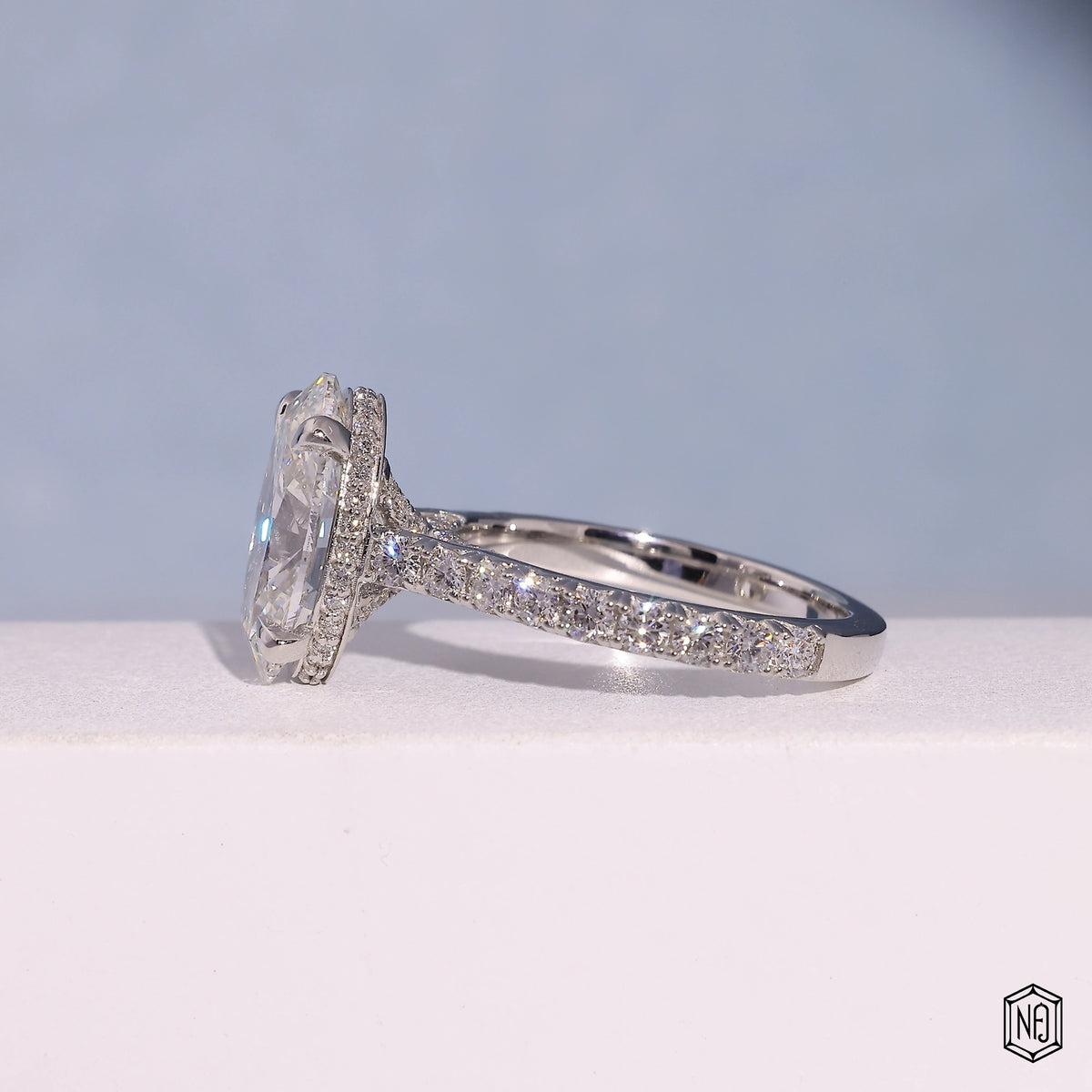 4.3 Carat Oval Cut Lab Grown Diamond Delicate Hidden Halo Engagement Ring - Angled Perspective