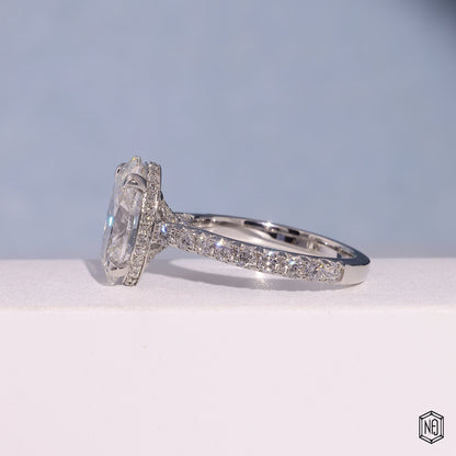 4.3 Carat Oval Cut Lab Grown Diamond Delicate Hidden Halo Engagement Ring - Angled Perspective