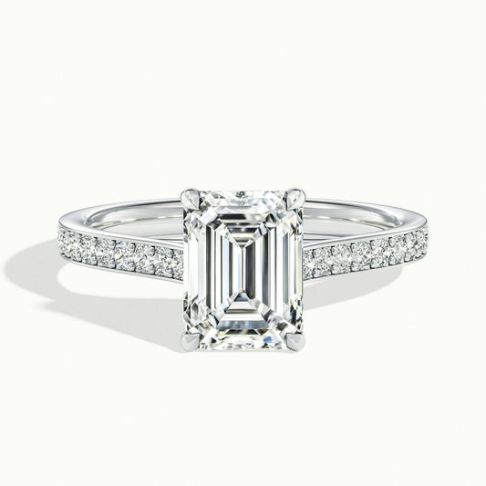 Talia Pavé 3.5 Carat Emerald Lab Grown Diamond Side Stone Engagement Ring in 14K White Gold - view 1