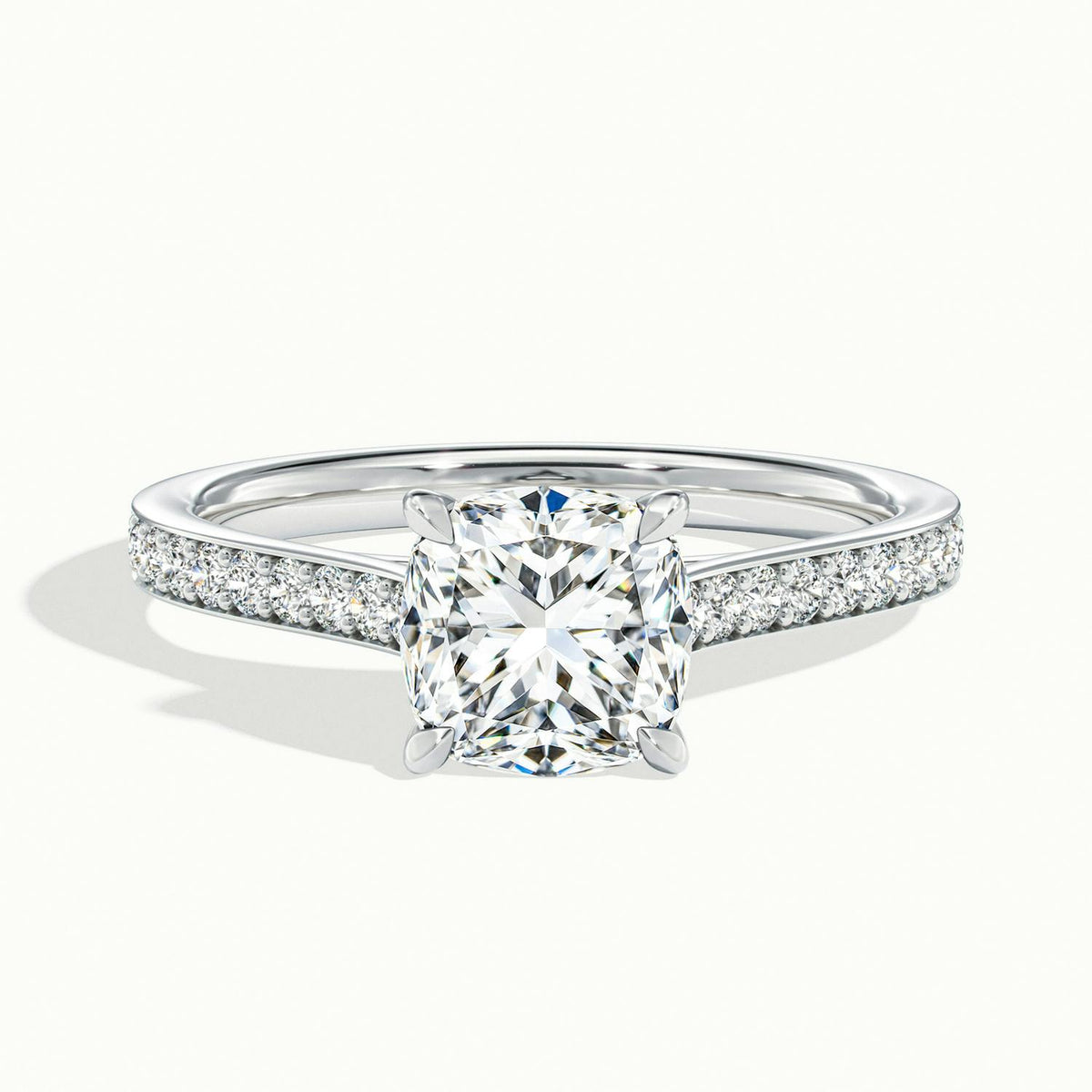 Mira Pavé 1.5 Carat Cushion Lab Grown Diamond Side Stone Engagement Ring in 10K White Gold - view 1