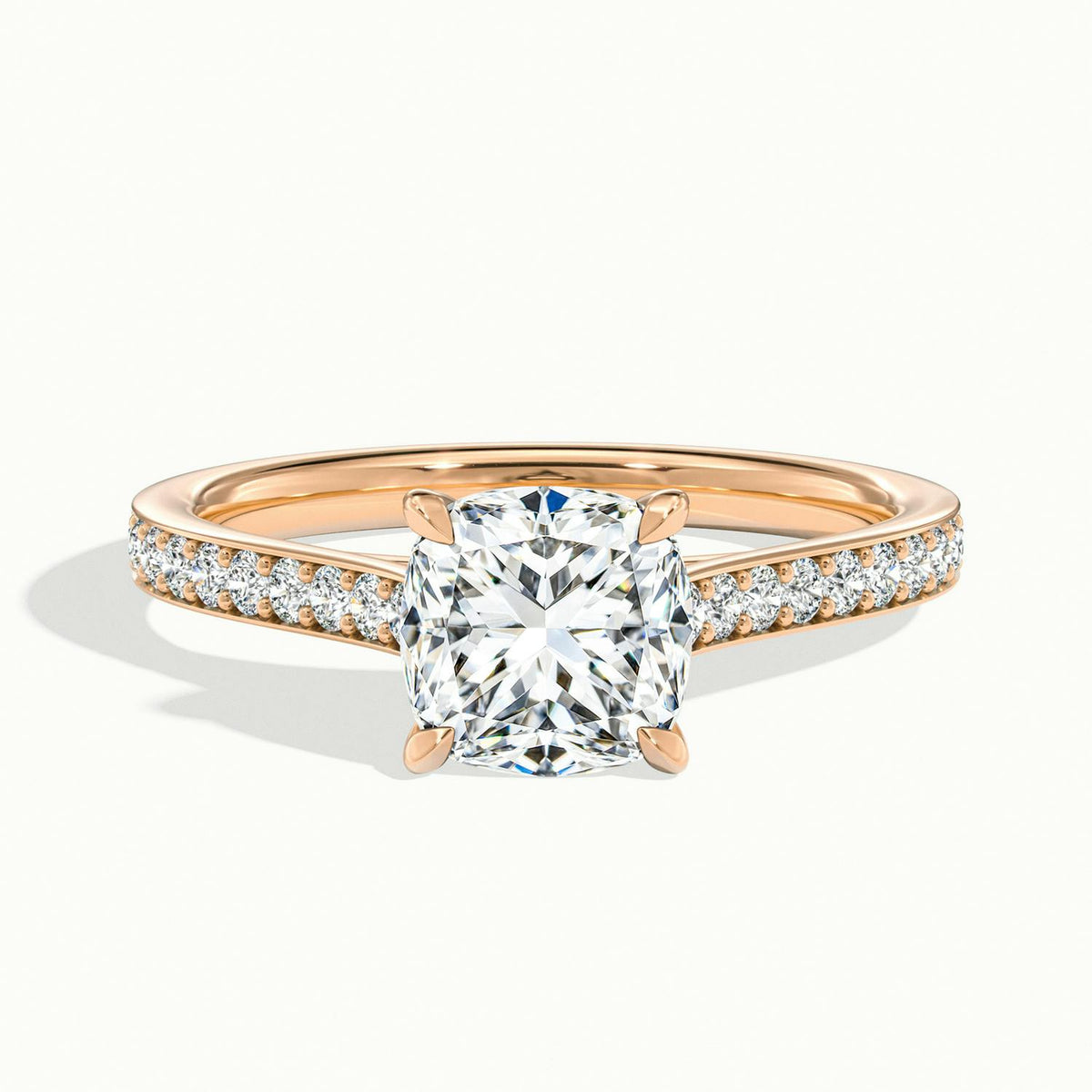 Mira Pavé 4 Carat Cushion Lab Grown Diamond Side Stone Engagement Ring in 14K Rose Gold - view 1
