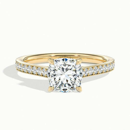 Mira Pavé 2.5 Carat Cushion Lab Grown Diamond Side Stone Engagement Ring in 14K Yellow Gold - view 1