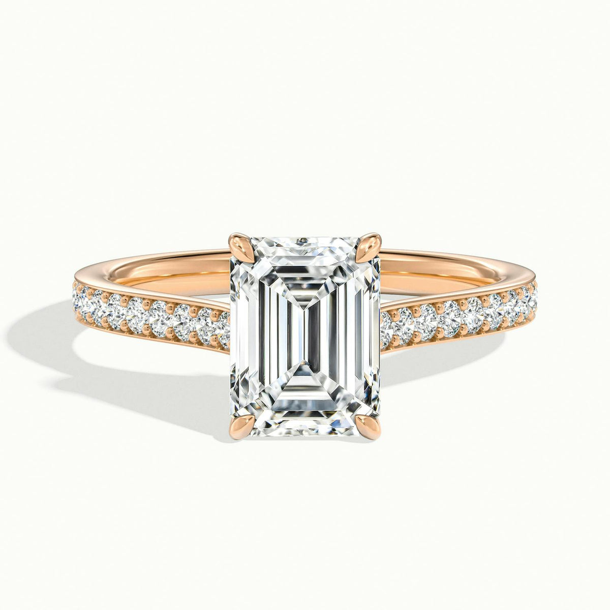 Mira Pavé 5 Carat Emerald Lab Grown Diamond Side Stone Engagement Ring in 14K Rose Gold - view 1