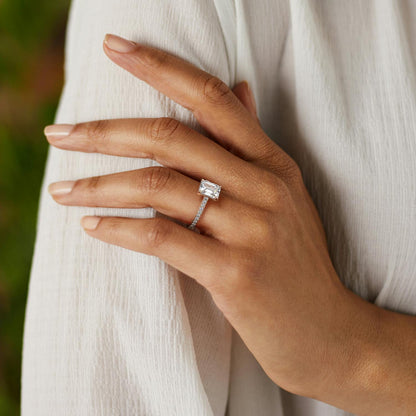Mira Pavé 3 Carat Emerald Lab Grown Diamond Side Stone Engagement Ring in 10K Rose Gold - view 2