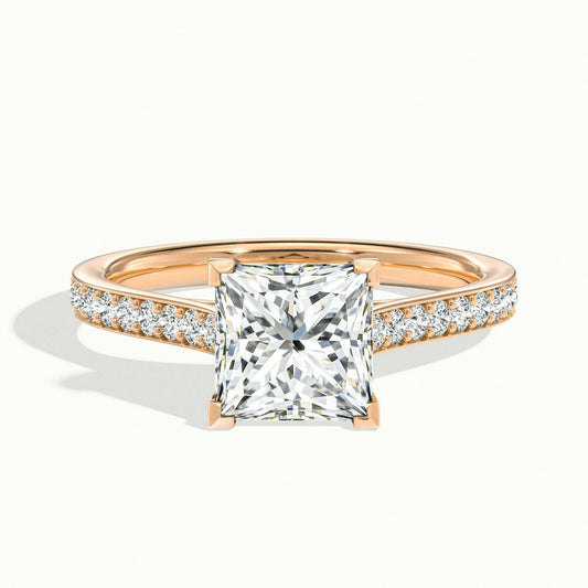 Mira Pavé 4.5 Carat Princess Lab Grown Diamond Side Stone Engagement Ring in 10K Rose Gold - view 1