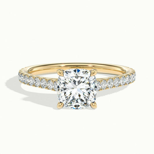 Mira Scallop 2.5 Carat Cushion Lab Grown Diamond Side Stone Engagement Ring in 14K Yellow Gold - view 1