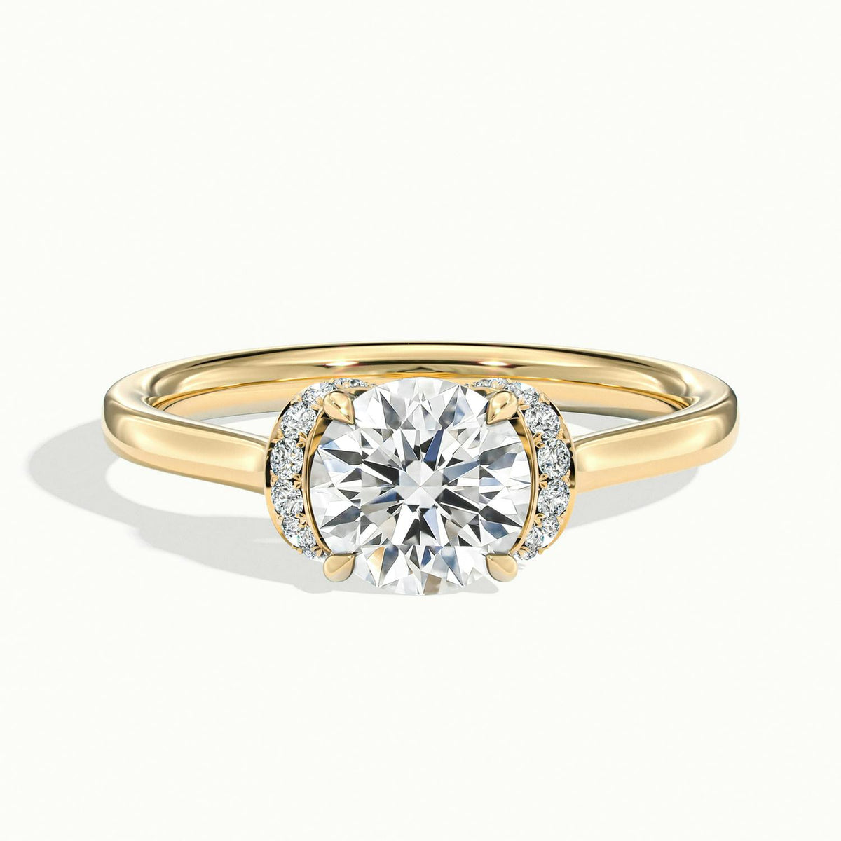 Fern Pavé 1 Carat Round Lab Grown Diamond Side Stone Engagement Ring in 14K Yellow Gold - view 1