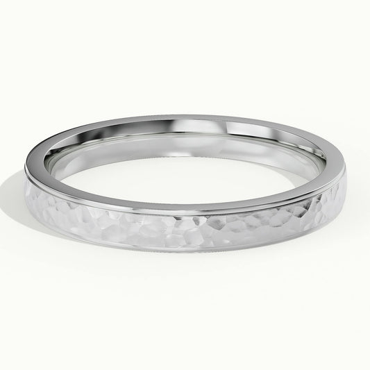 3mm Hammered Cut Down Edge Wedding Band in 14K White Gold