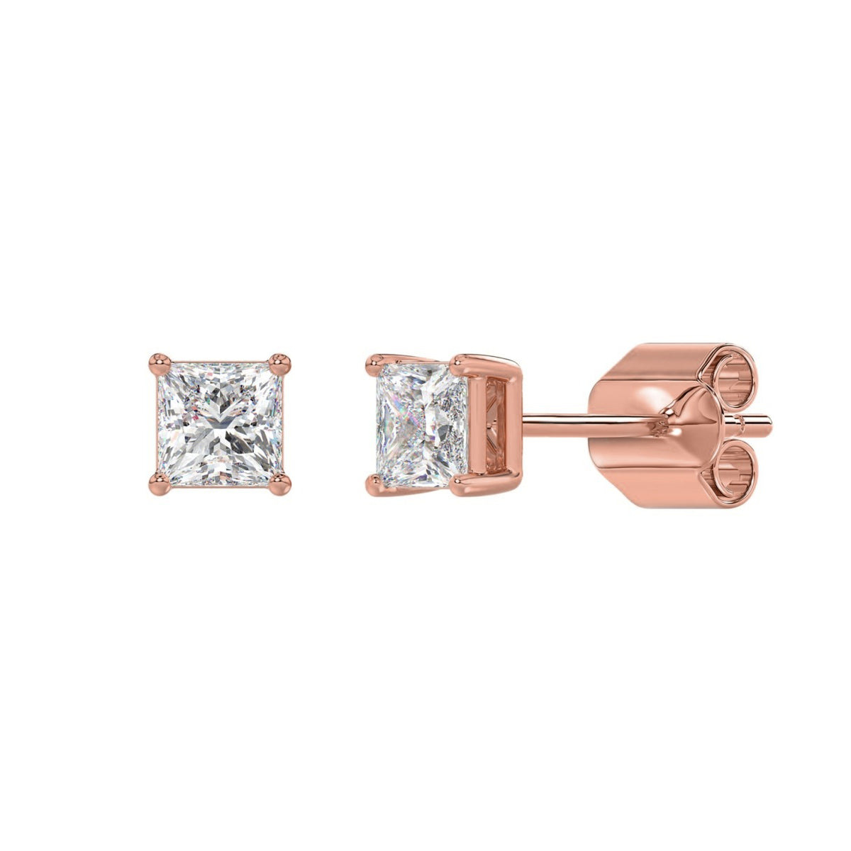4-Prong Princess Stud Earrings 1 Carat Princess Lab Grown Diamond in 18K Rose Gold