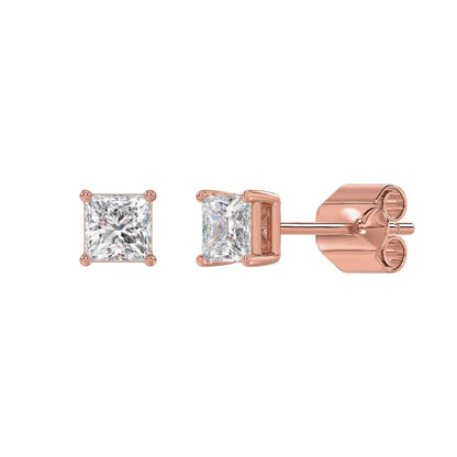 4-Prong Princess Stud Earrings 1 Carat Princess Lab Grown Diamond in 18K Rose Gold