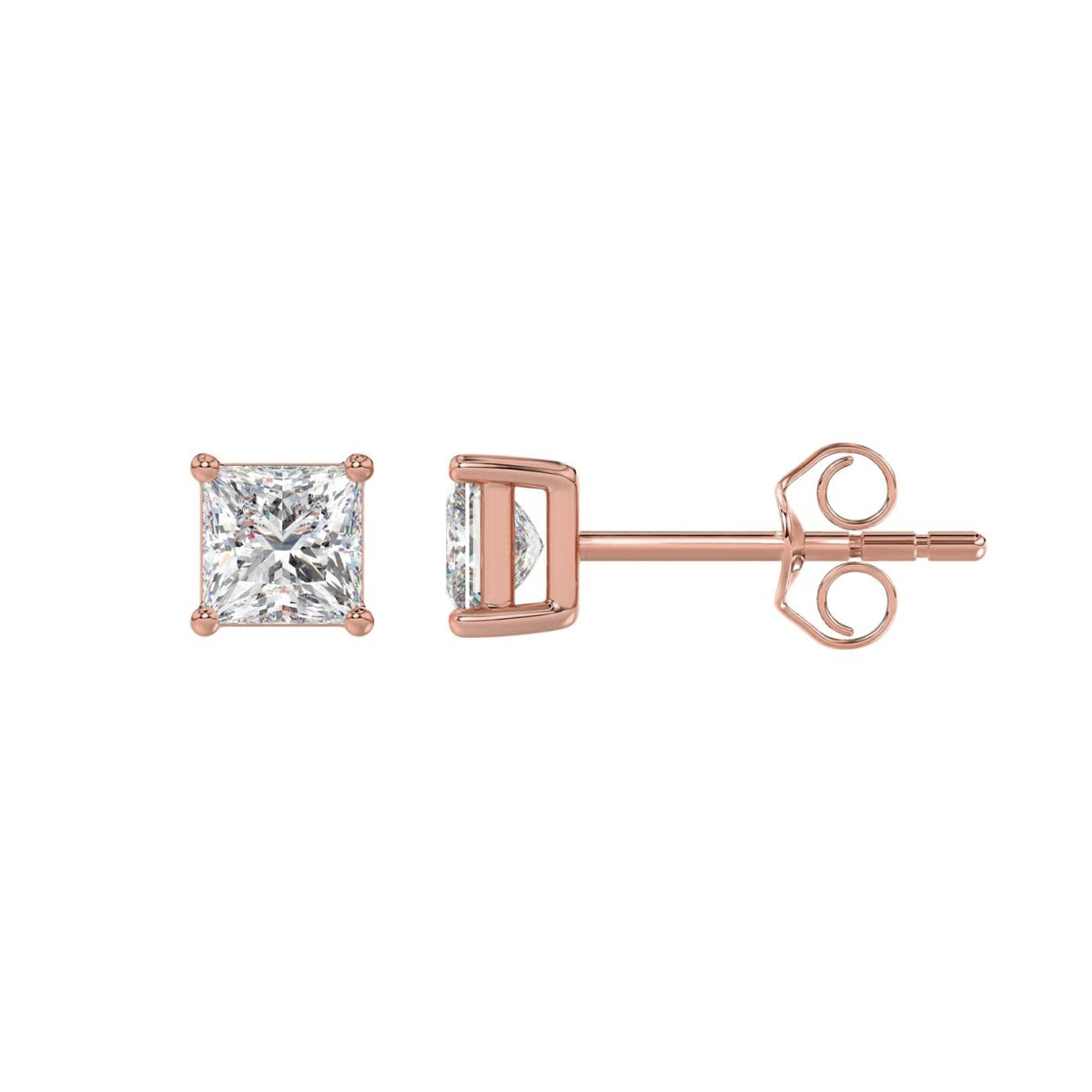 4-Prong Princess Stud Earrings 1 Carat Princess Lab Grown Diamond in 18K Rose Gold