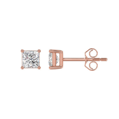 4-Prong Princess Stud Earrings 1 Carat Princess Lab Grown Diamond in 18K Rose Gold