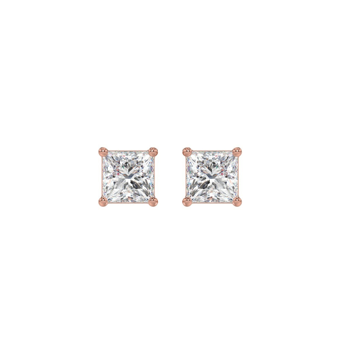 4-Prong Princess Stud Earrings 1 Carat Princess Lab Grown Diamond in 18K Rose Gold