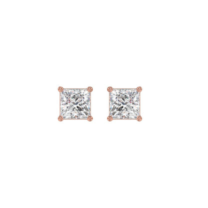 4-Prong Princess Stud Earrings 1 Carat Princess Lab Grown Diamond in 18K Rose Gold