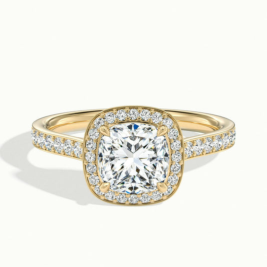 Wren Pavé 2.5 Carat Cushion Lab Grown Diamond Halo Engagement Ring in 14K Yellow Gold - view 1