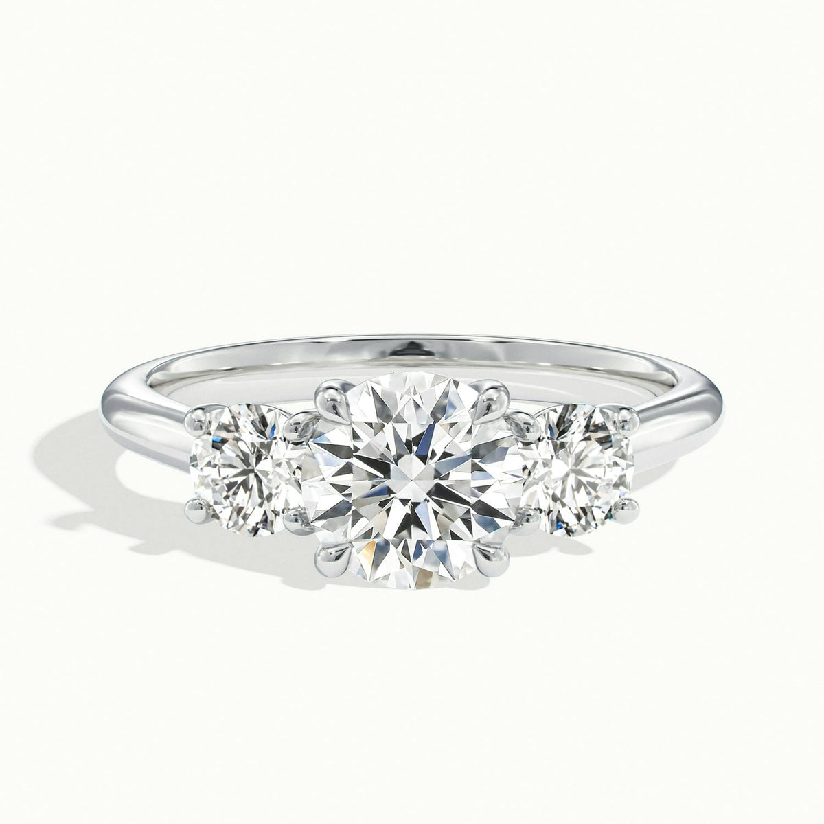 Noor 2 Carat Round Lab Grown Diamond Three Stone Engagement Ring in 14K White Gold - view 1