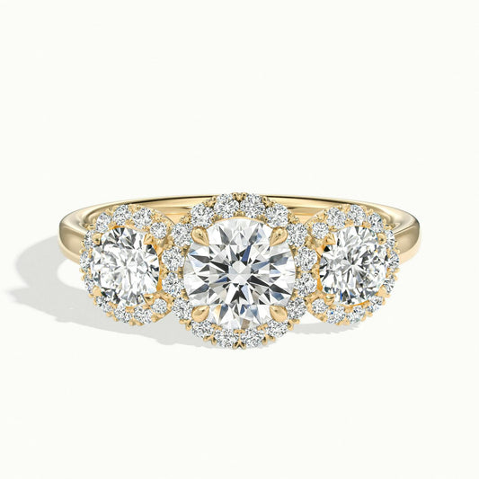 Maia 4.5 Carat Round Lab Grown Diamond Three Stone Engagement Ring in 10K Yellow Gold - view 1