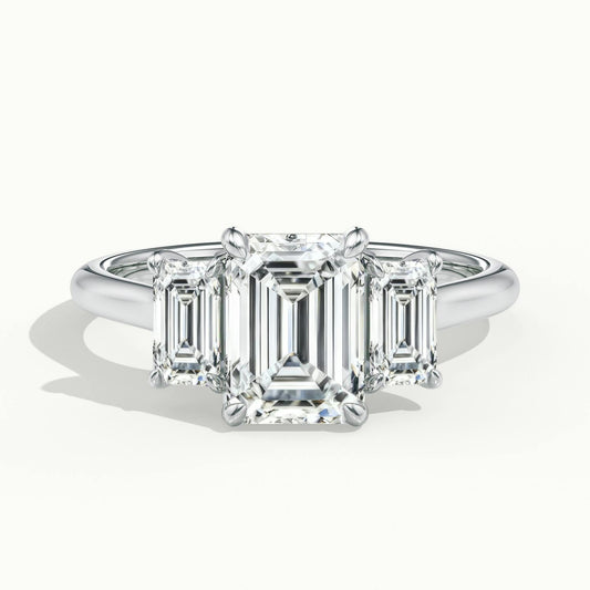 Calla 5 Carat Emerald Lab Grown Diamond Three Stone Engagement Ring in 18K White Gold - view 1