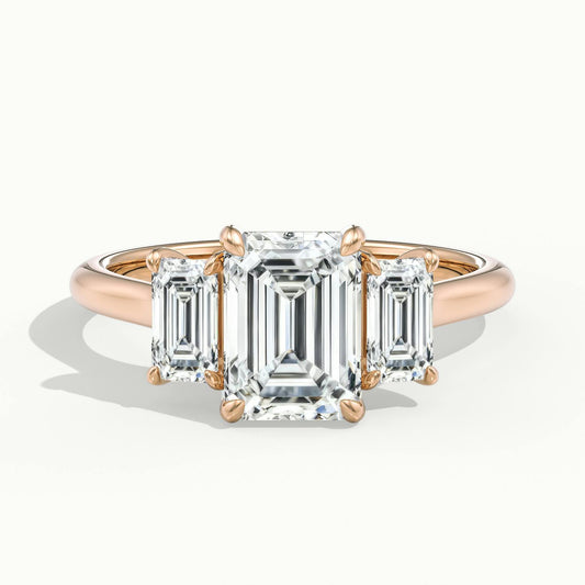 Calla 1.5 Carat Emerald Lab Grown Diamond Three Stone Engagement Ring in 14K Rose Gold - view 1