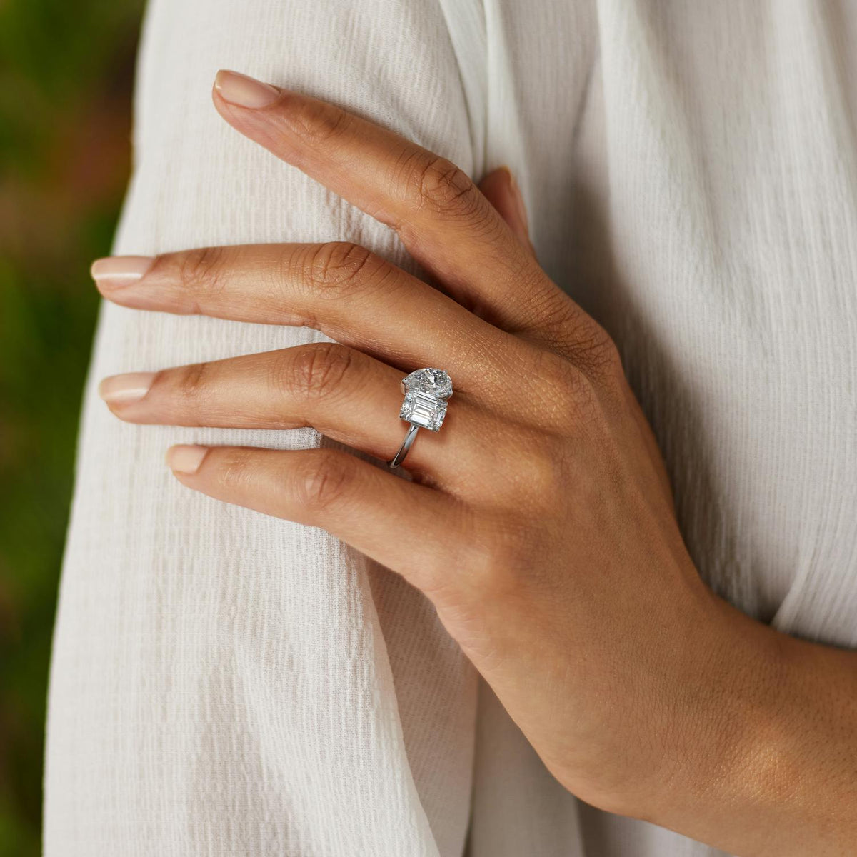 Gemma 2 Carat Emerald & Pear Lab Grown Diamond Toi et Moi Engagement Ring in Platinum - view 2