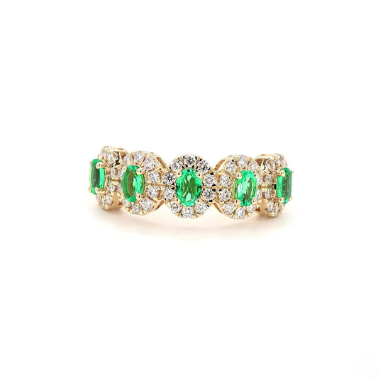 Green Oval Halo Half Eternity Band In 14K Yellow Gold