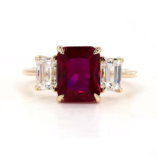 Ruby Emerald Three Stone Engagement Ring In 14K Yellow Gold