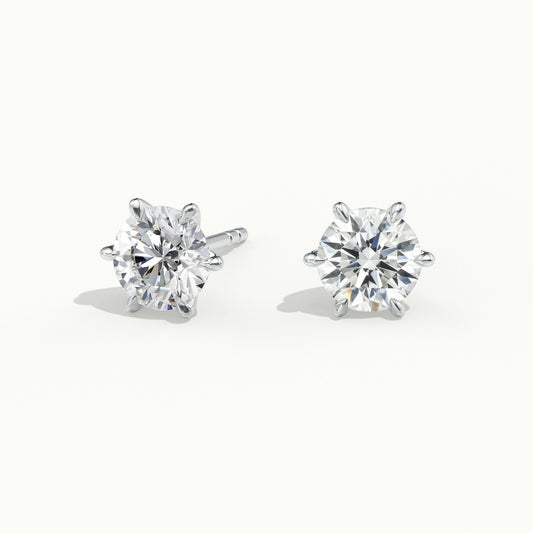 Round 6 Prong Lab Grown Diamond Stud Earrings in White Gold & Platinum - front view