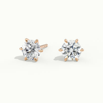 Round 6 Prong Lab Grown Diamond Stud Earrings in Rose Gold - front view