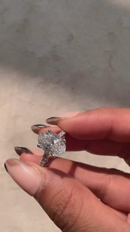 2.79 Carat Oval Cut Lab Grown Diamond Delicate Hidden Halo Engagement Ring
