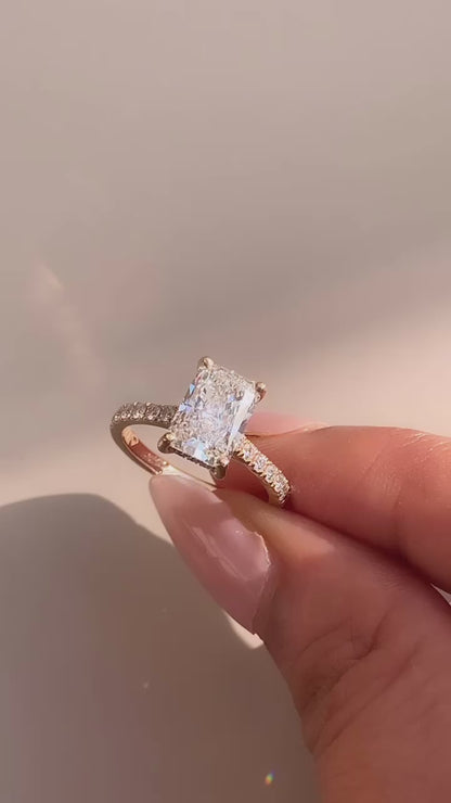 2.52 Carat Radiant Cut Lab Grown Diamond Delicate Hidden Halo Engagement Ring