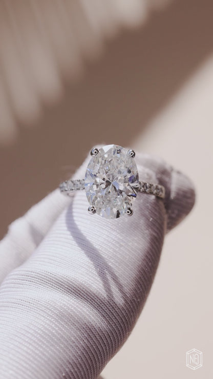 4.03 Carat Oval Cut Lab Grown Diamond Delicate Hidden Halo Engagement Ring