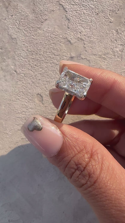 3.38 Carat Radiant Cut Lab Grown Diamond Delicate Hidden Halo Engagement Ring