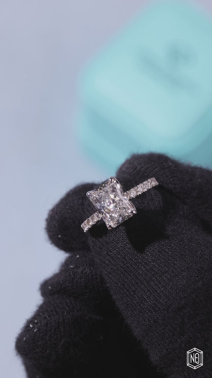 3 Carat Radiant Cut Lab Grown Diamond Side Stone Pavé Engagement Ring