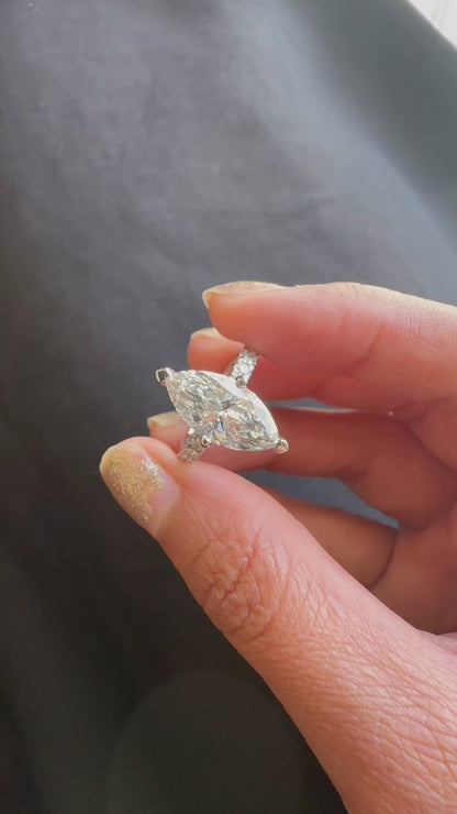 3.06 Carat Marquise Cut Lab Grown Diamond Side Stone Pavé Engagement Ring