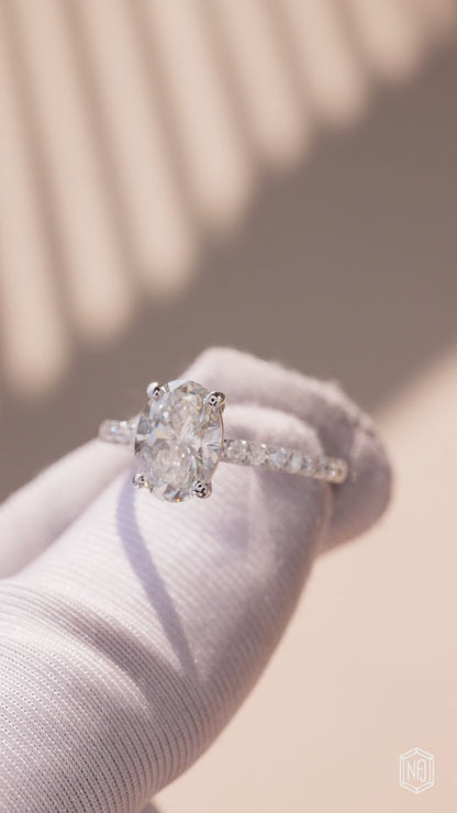 2.09 Carat Oval Cut Lab Grown Diamond Side Stone Pavé Engagement Ring