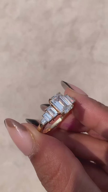 2.5 Carat Emerald Cut Lab Grown Diamond Trellis Three-Stone Engagement Ring