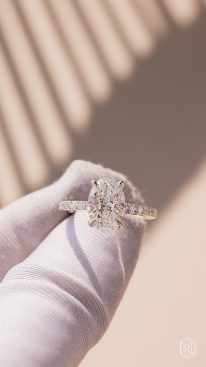 2.6 Carat Oval Cut Lab Grown Diamond Delicate Hidden Halo Engagement Ring