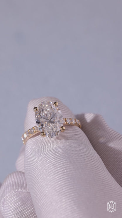 4.59 Carat Oval Cut Lab Grown Diamond Side Stone Pavé Engagement Ring