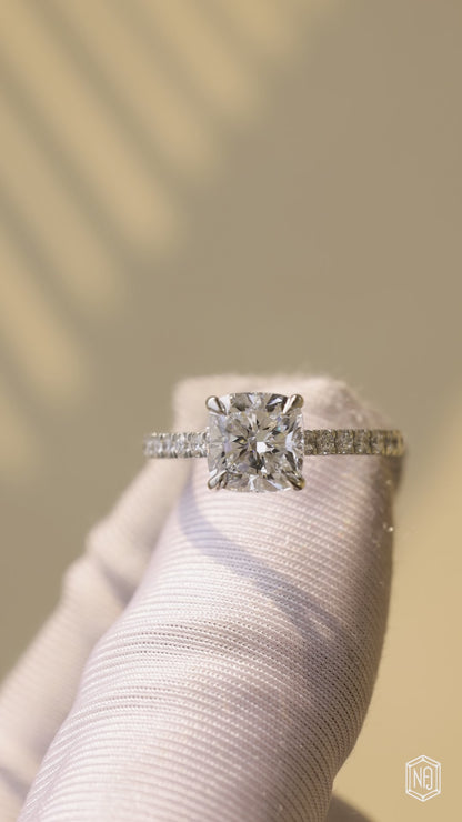 2.48 Carat Cushion Cut Lab Grown Diamond Side Stone Pavé Engagement Ring