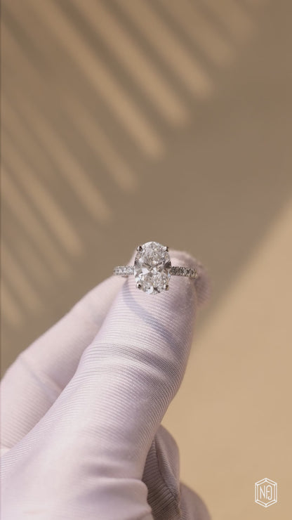 3.32 Carat Oval Cut Lab Grown Diamond Side Stone Pavé Engagement Ring