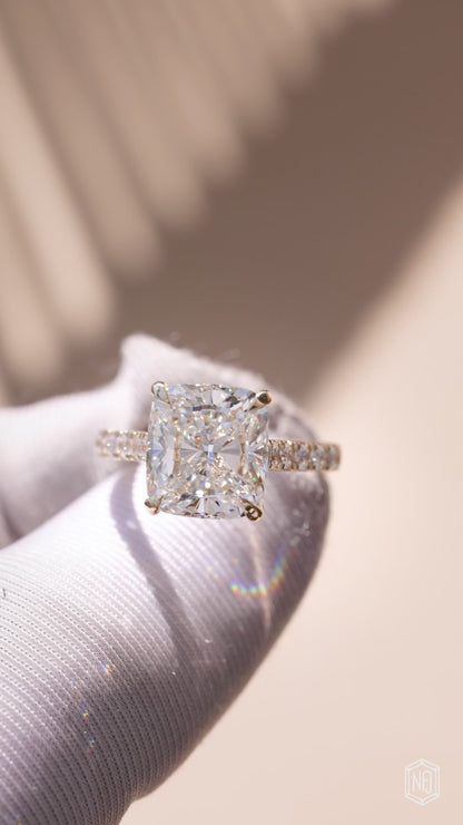 5.04 Carat Cushion Cut Lab Grown Diamond Delicate Hidden Halo Engagement Ring