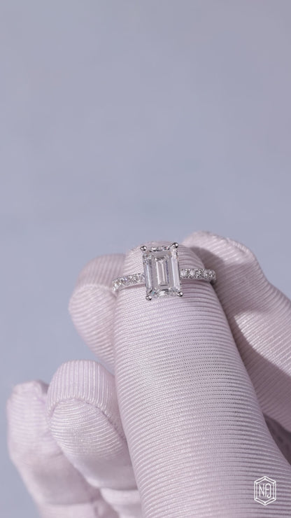 2.76 Carat Emerald Cut Lab Grown Diamond Side Stone Pavé Engagement Ring