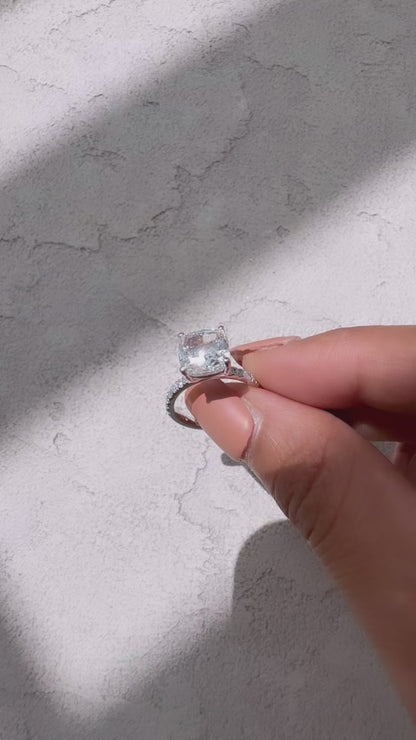 3.02 Carat Cushion Cut Lab Grown Diamond Side Stone Pavé Engagement Ring