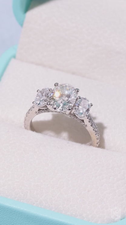 2 Carat Oval Cut Lab Grown Diamond Trellis Three-Stone Engagement Ring