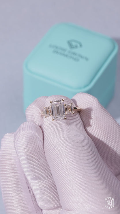 2.99 Carat Emerald Cut Lab Grown Diamond Trellis Three-Stone Engagement Ring