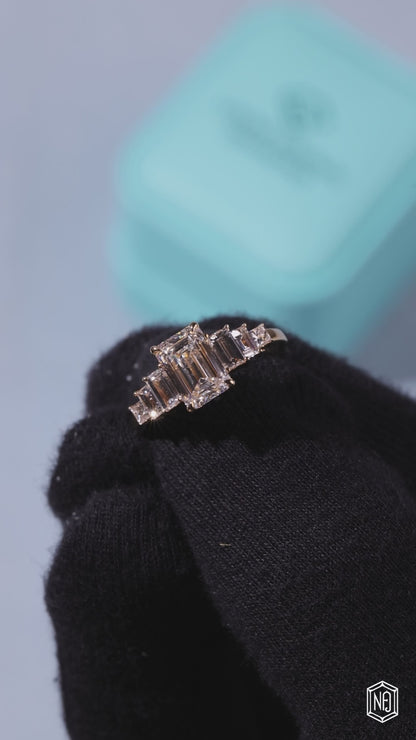 2.5 Carat Emerald Cut Lab Grown Diamond Trellis Three-Stone Engagement Ring