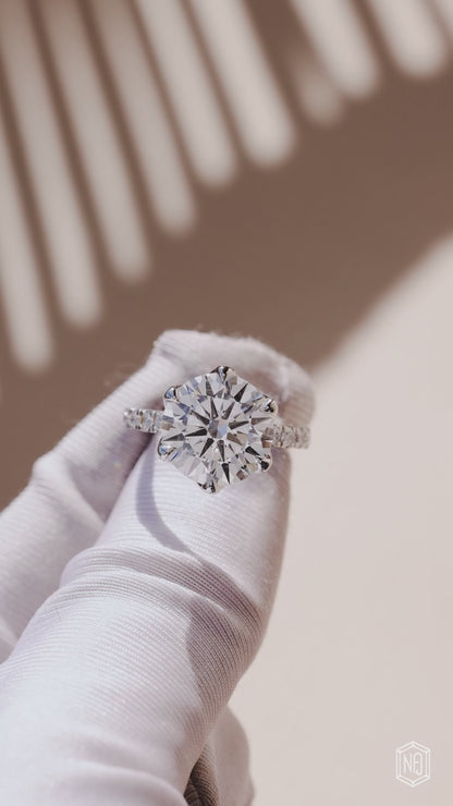 7.02 Carat Round Cut Lab Grown Diamond Side Stone Pavé Engagement Ring