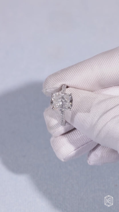 3.51 Carat Cushion Cut Lab Grown Diamond Side Stone Pavé Engagement Ring