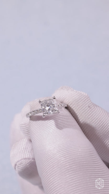 1.83 Carat Princess Cut Lab Grown Diamond Side Stone Pavé Engagement Ring