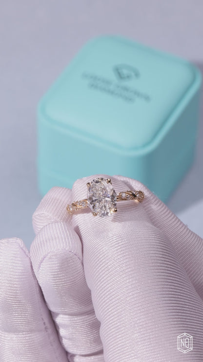 3.11 Carat Oval Cut Lab Grown Diamond Side Stone Pavé Engagement Ring